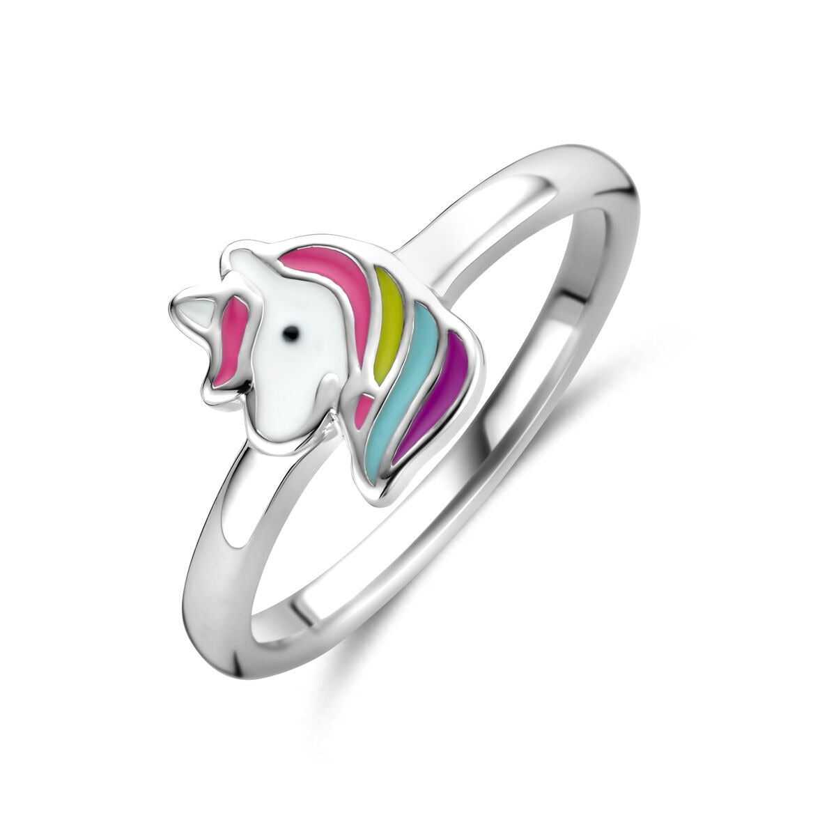 Kinder Ring aus Silber mit einem bunten Einhornmotiv