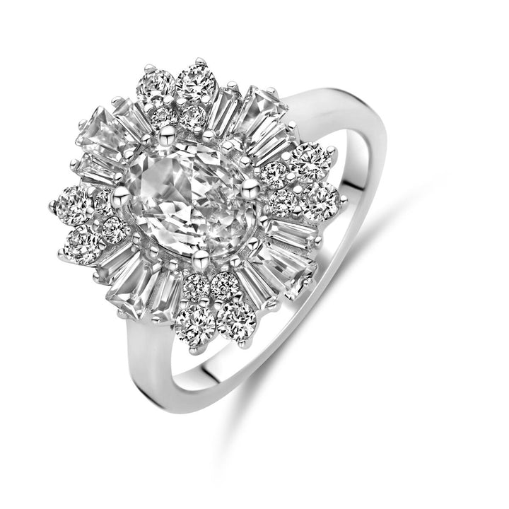 Zilveren damesring met ovale zirkonia – gerhodineerd 925 zilver, 14,5 mm breed