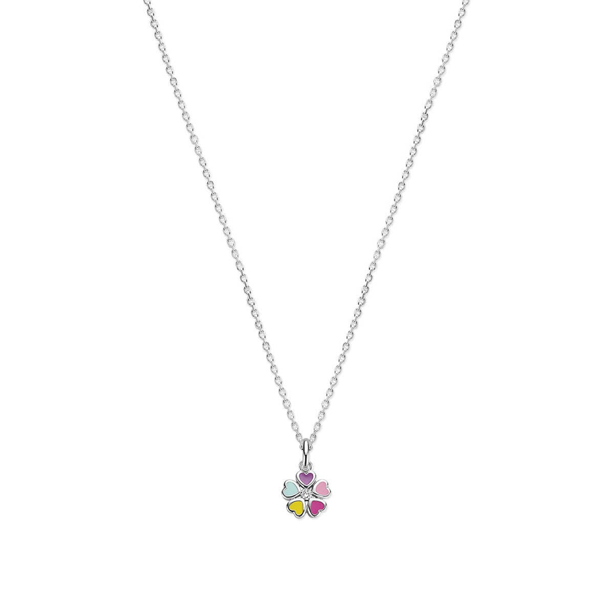 Halskette aus rhodiniertem Silber mit einem Blumenmotiv in verschiedenen Farben