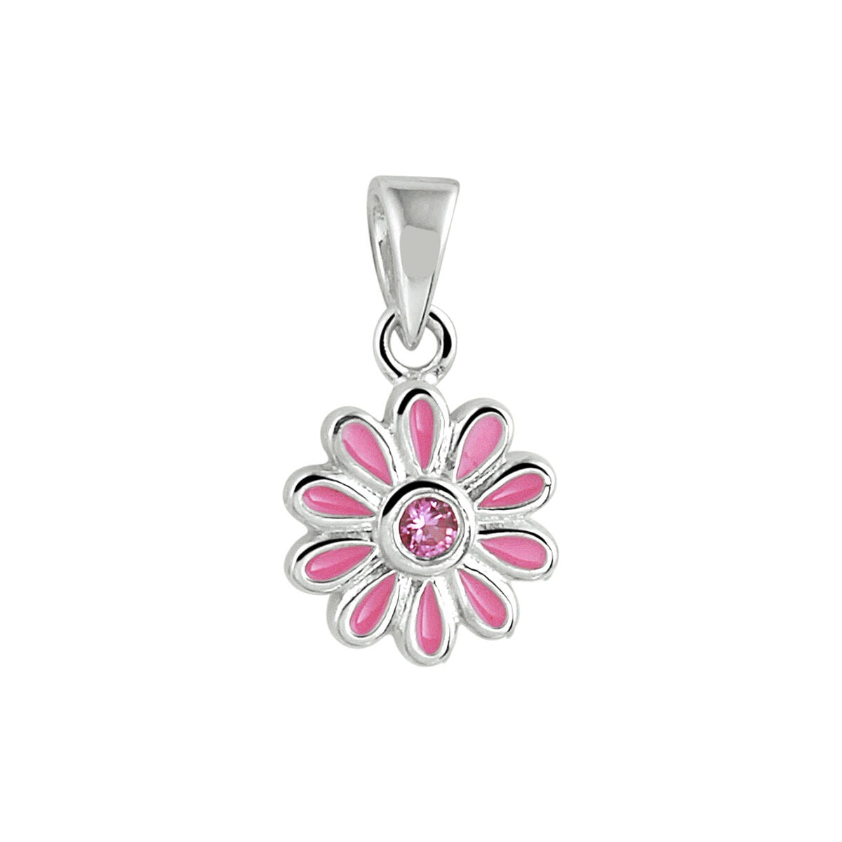 Hänger in Form einer Blume aus rhodiniertem Silber mit pinken Zirkonia und Emaille-Details