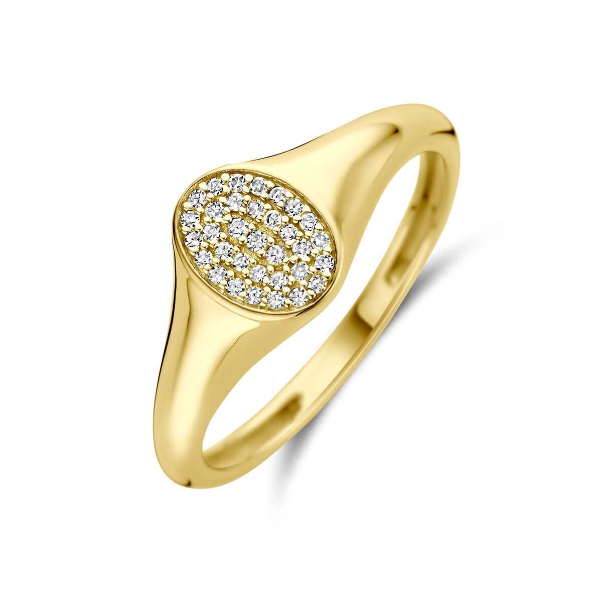 Ring aus 14 Karat Gold mit ovalem Zifferblatt und zahlreichen kleinen Diamanten