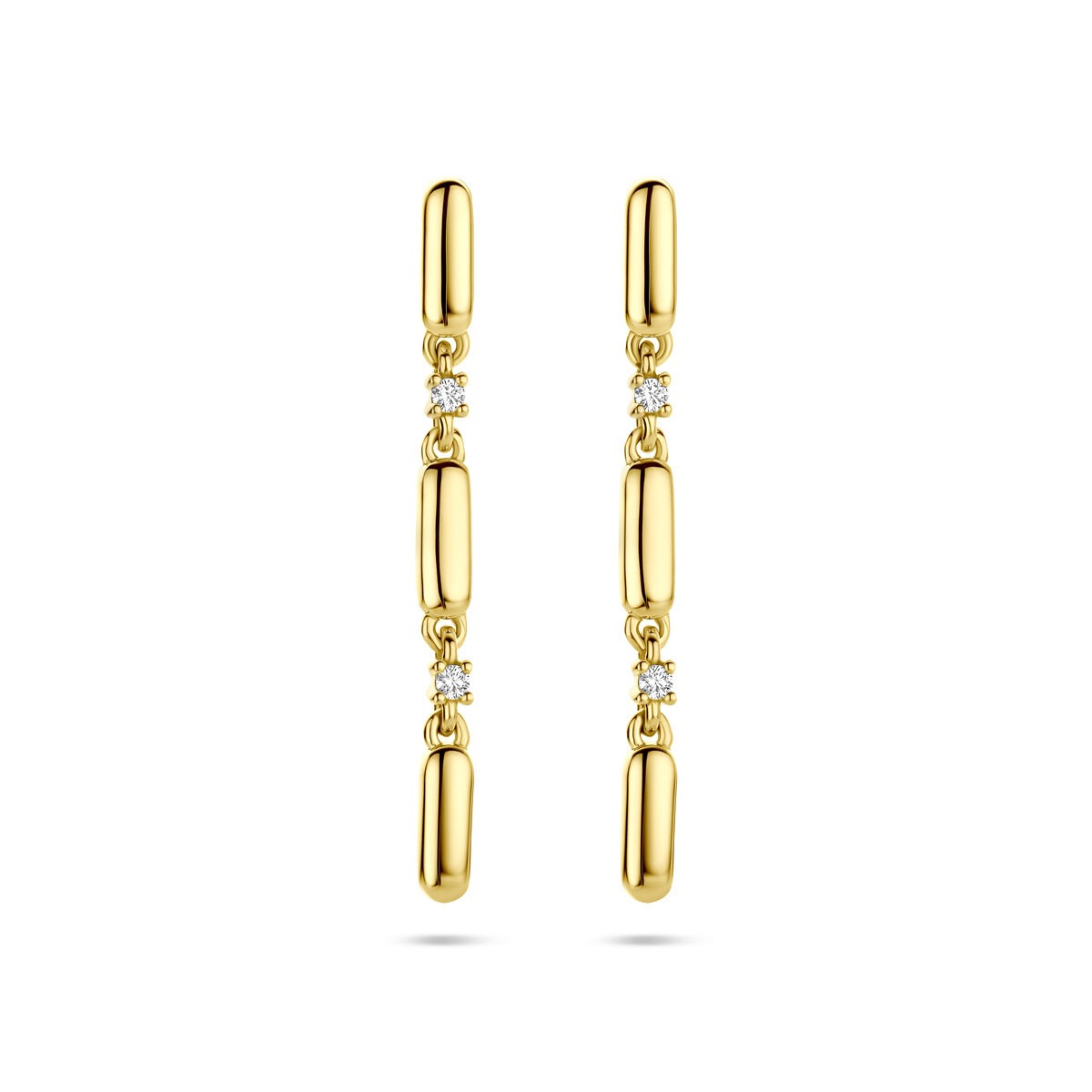Goldene Ohrhänger aus 14 Karat Gelbgold mit zwei Brillanten (insgesamt 0,06 ct) und einer Länge von 32 mm