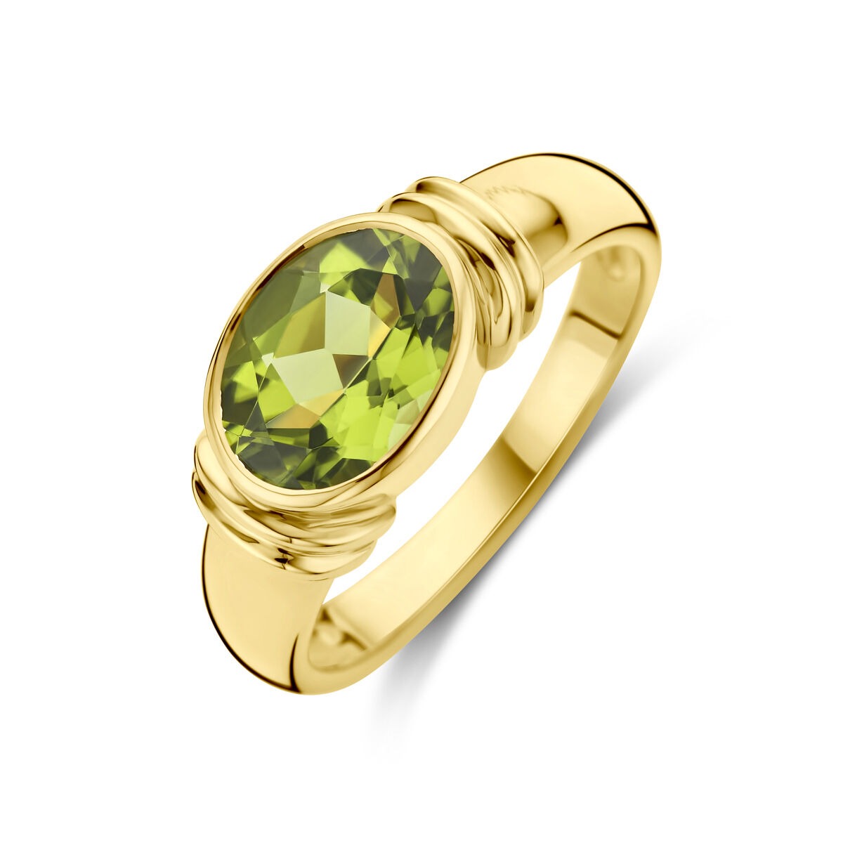 Ring aus 14k Gold mit ovalem Peridot und geschwungenem Design