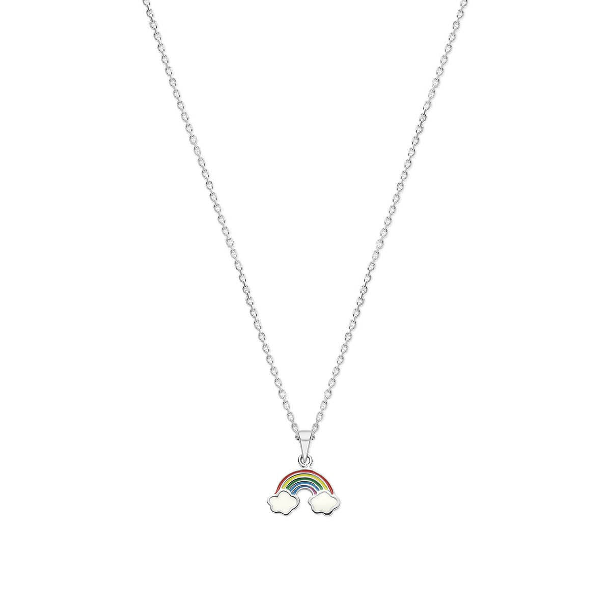 Halskette aus rhodiniertem Silber mit einem bunten Regenbogen-Anhänger und Wolken-Details