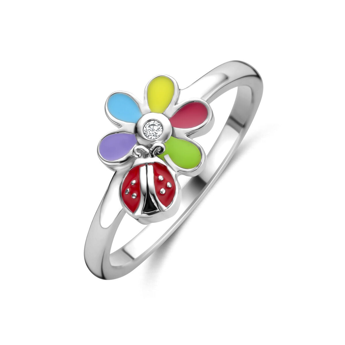 Silberner Kinder-Ring mit buntem Blumenmotiv und rotem Marienkäfer, besetzt mit Zirkonia