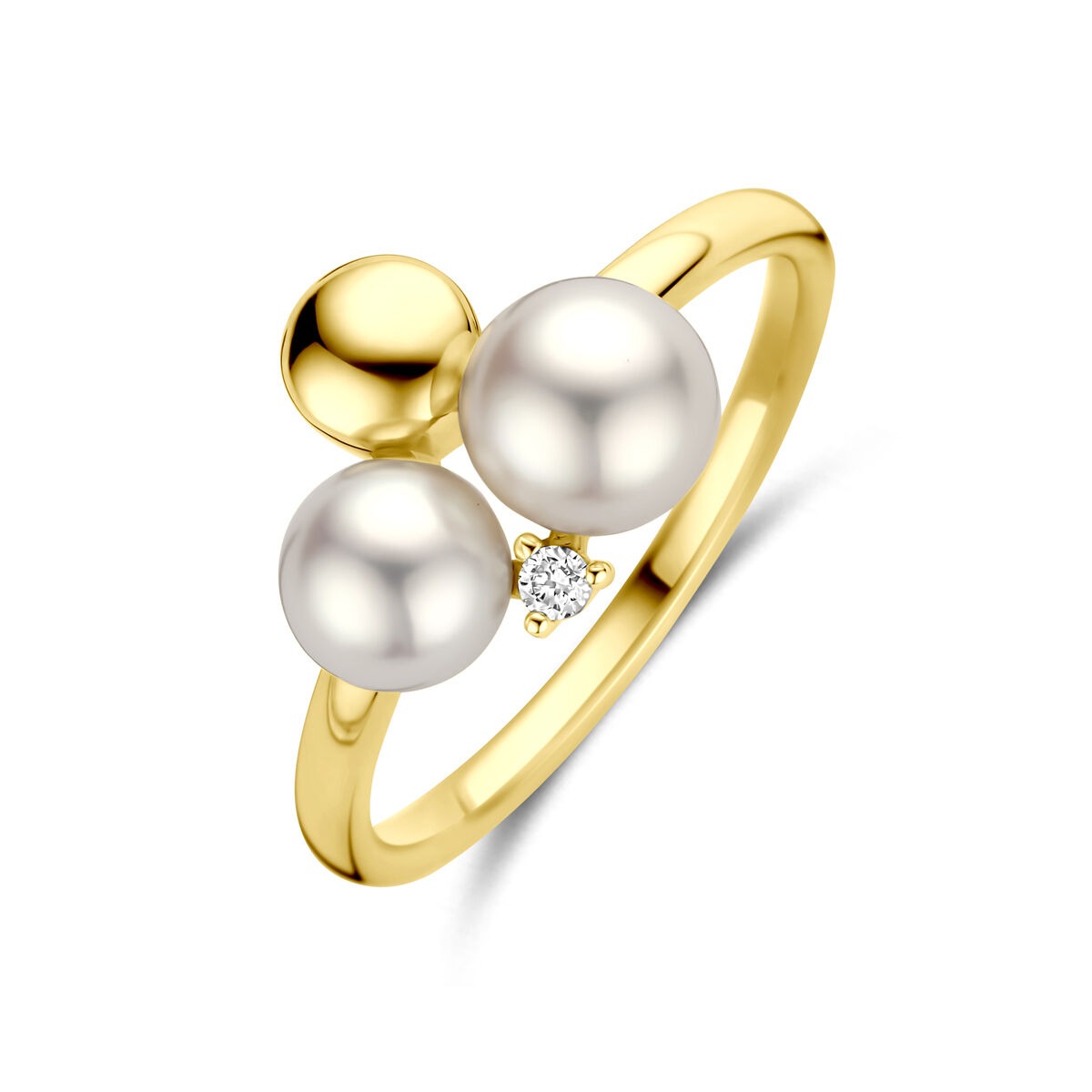 Damenring aus 14 Karat Gelbgold mit zwei Perlen und einem kleinen Diamanten, 11 mm breit