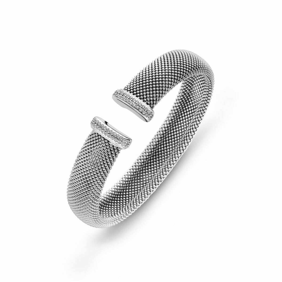 Silbernes Damenarmband mit rhodinierten Mesh-Elementen und offener Form