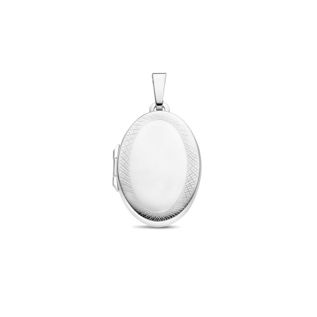 Ovale Medaillon aus rhodiniertem 925 Silber mit feiner Oberflächenstruktur und Klappverschluss