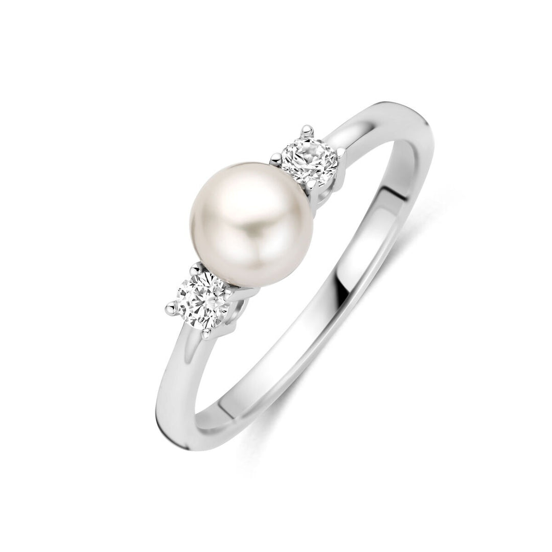 Zilveren ring met parel en zirkonia – damesring in gerhodineerd 925 zilver
