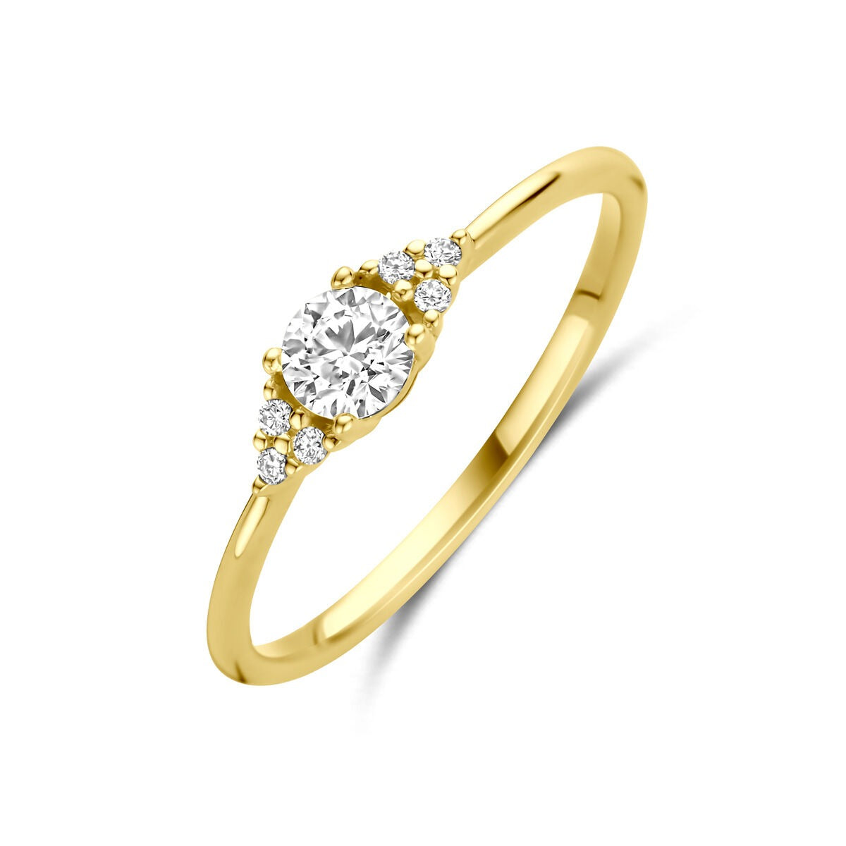 Damenring aus 14k Gold mit einem solitären 0,28 ct Diamanten und kleinen, funkelnden Zirkonia.
