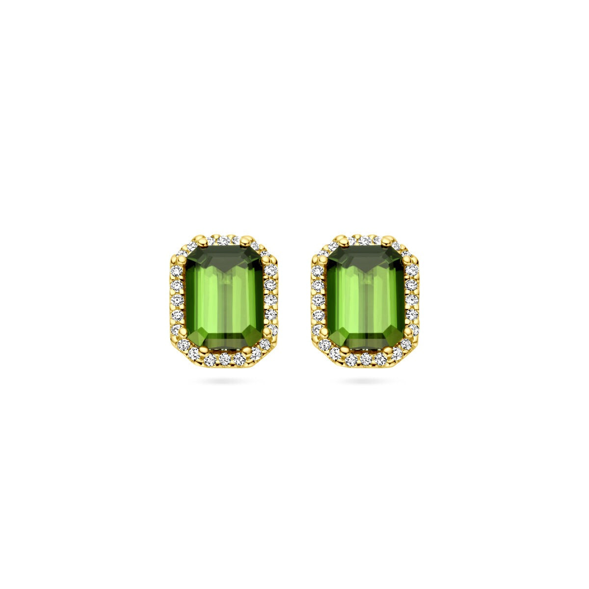 Ohrstecker aus 14k Gelbgold mit grüner Turmalin und Diamanten umrandet