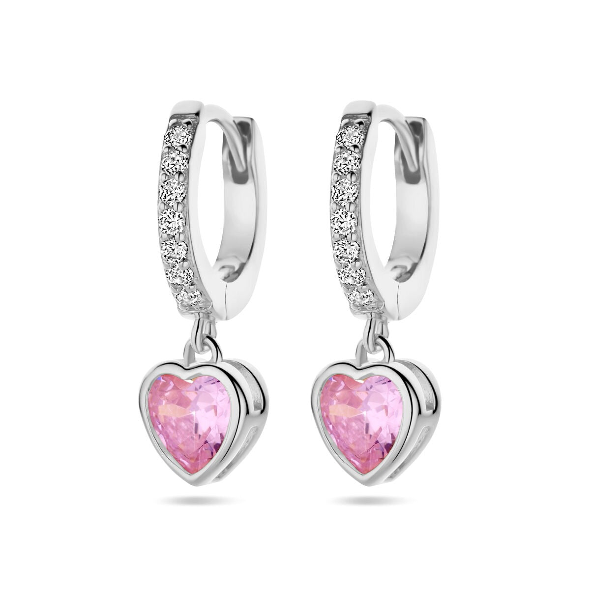 Gerhodineerte Silberohrringe mit rosa herzförmigem Zirkonia und funkelnden Details