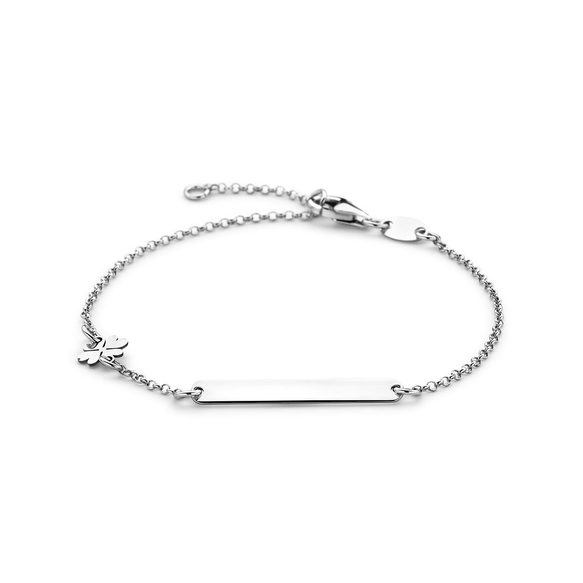 Gravierte Armband aus rhodiniertem Silber mit einem Kleeblatt und feiner Kette