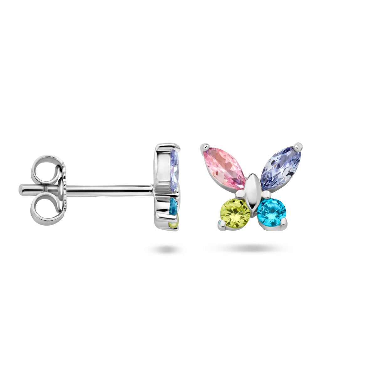 Silberne Schmetterlings-Ohrstecker mit bunten Zirkonia – fröhlicher Kinderschmuck