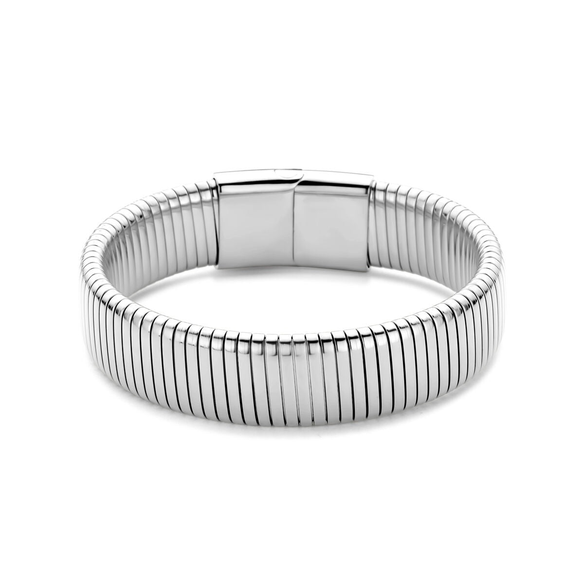 Silbernes Damenarmband aus Edelstahl mit 15 mm breiter und 18,5 cm langer, gestreifter Oberfläche