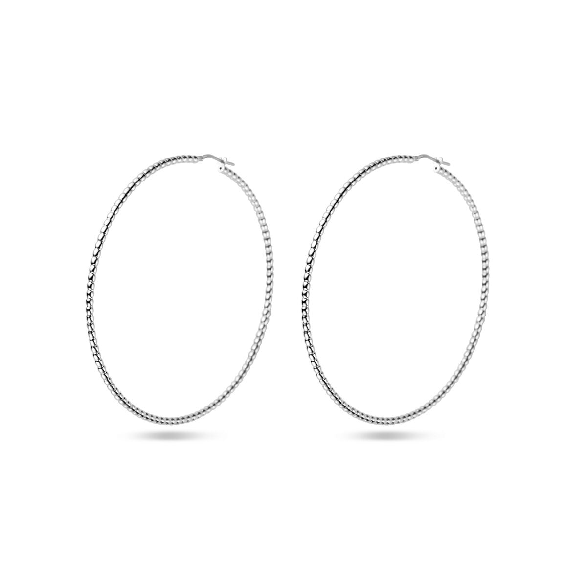 Zweiteilige, gerhodinierte Creolen aus 925 Silber mit einem Durchmesser von 75 mm