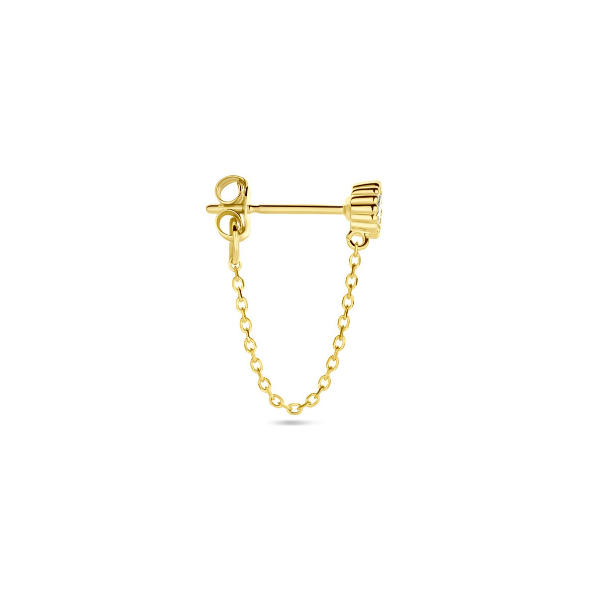 14k gelbgoldene Ohrstecker mit Zirkonia und einer feinen Kette als Detail