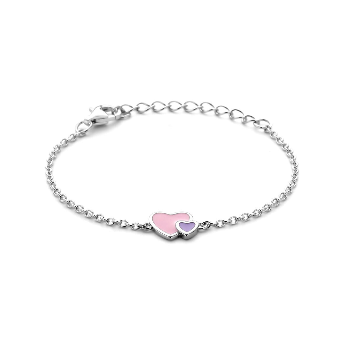 Zarte Kinderarmband aus rhodiniertem 925 Silber mit zwei Herzen in Rosa und Lila