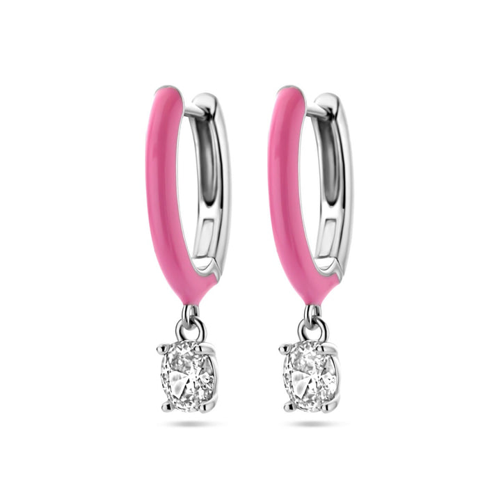 Ohrhänger aus Zirkonia und rosa Emaille, Silber rhodiniert