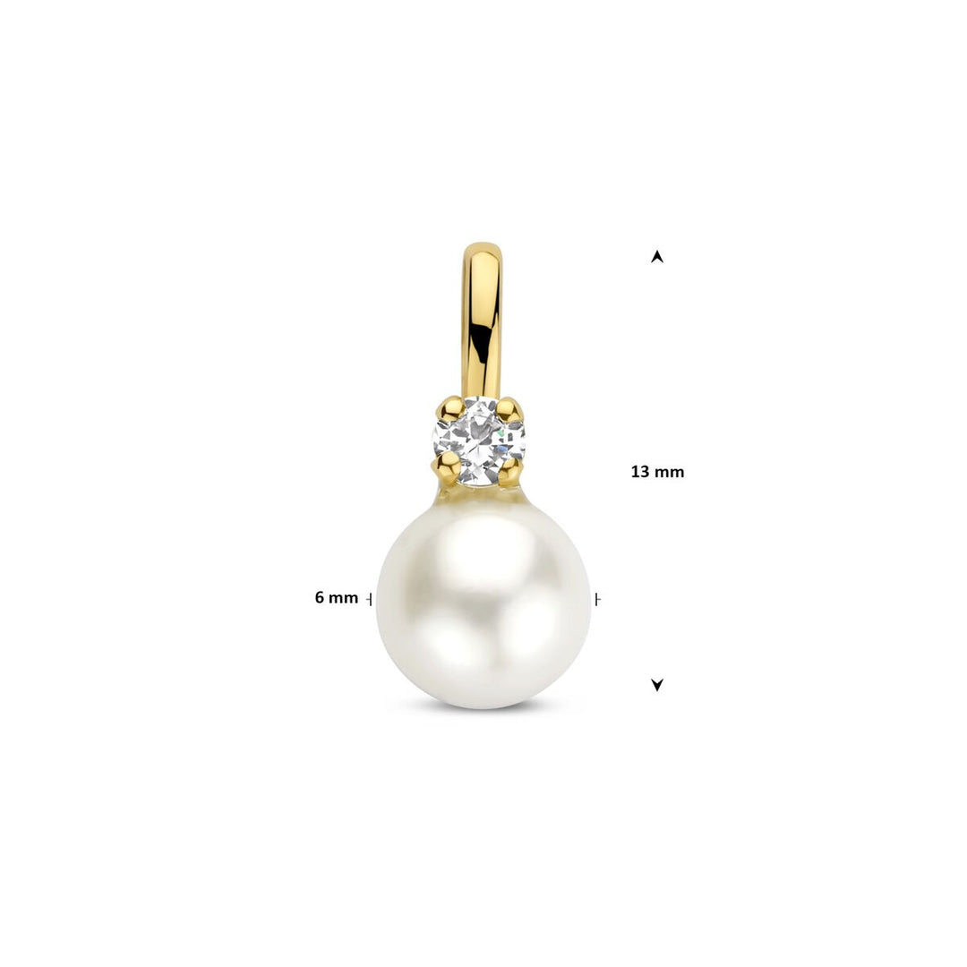 9k Geelkleurige hanger met zoetwaterparel en zirkonia 13 mm