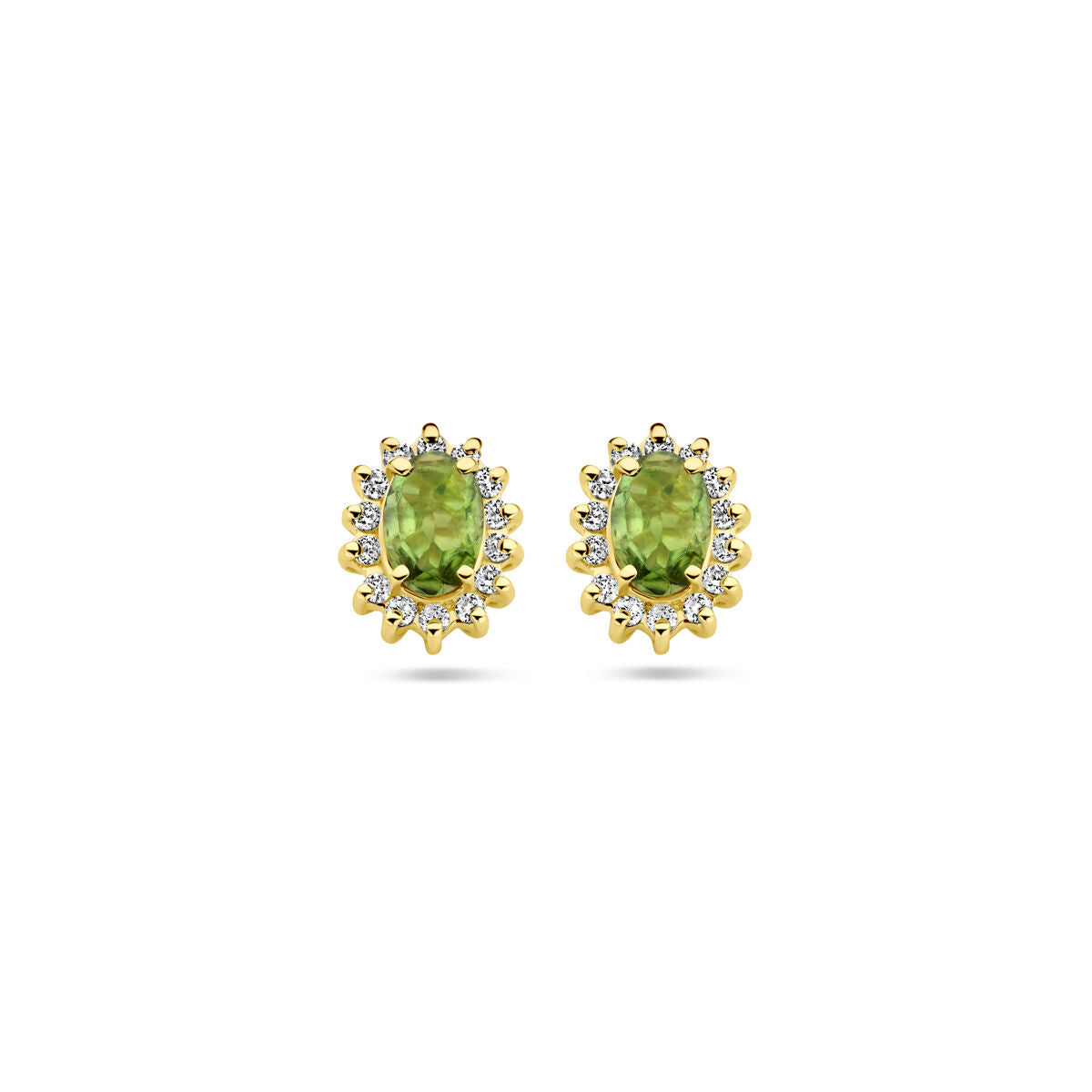Ohrstecker aus 14k Gelbgold mit grünen Turmalin und Diamanten, ovaler Stein mit blühender Fassung