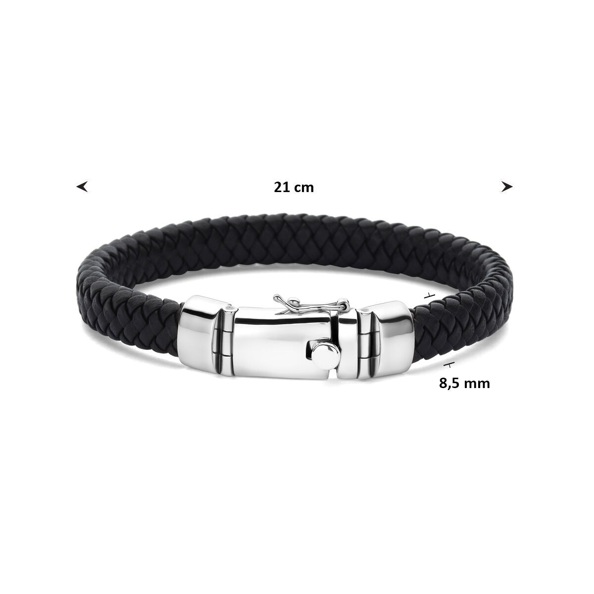 Rhodiniertes Herrenarmband aus Sterlingsilber mit schwarzem Leder – 8,5 mm breit