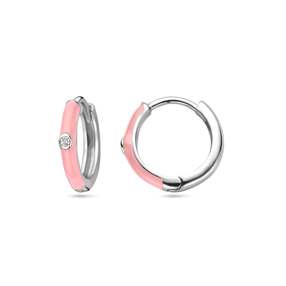 Silberne Damenklappcreolen mit Zirkonia und rosa Emaille – rhodiniert 15 mm