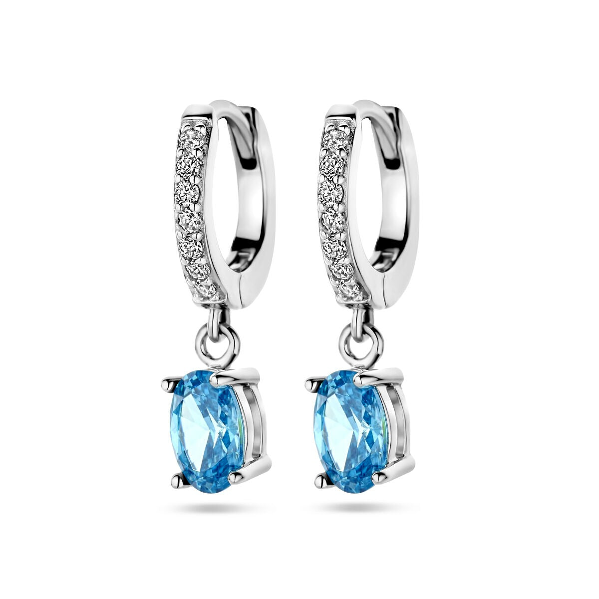 Gerhodineerte Silberklappohrringe mit weißen und blauen Zirkonia, ovalen blauen Edelsteinen