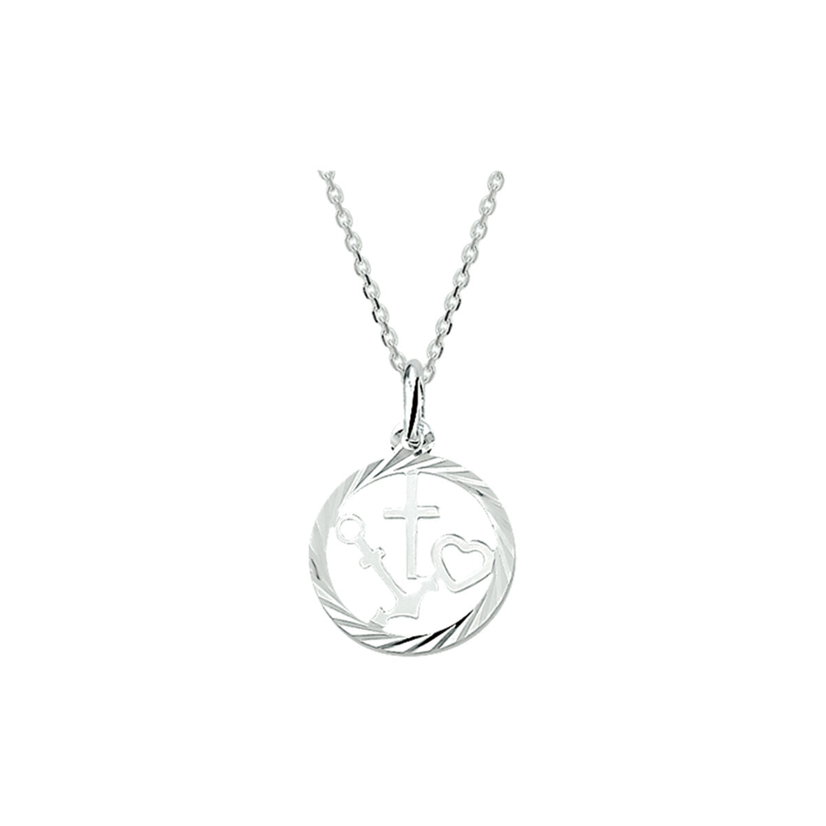 Silberne Kette mit Anhänger in Form eines Ankers, mit Kreuz und Herz, feine Gliederkette