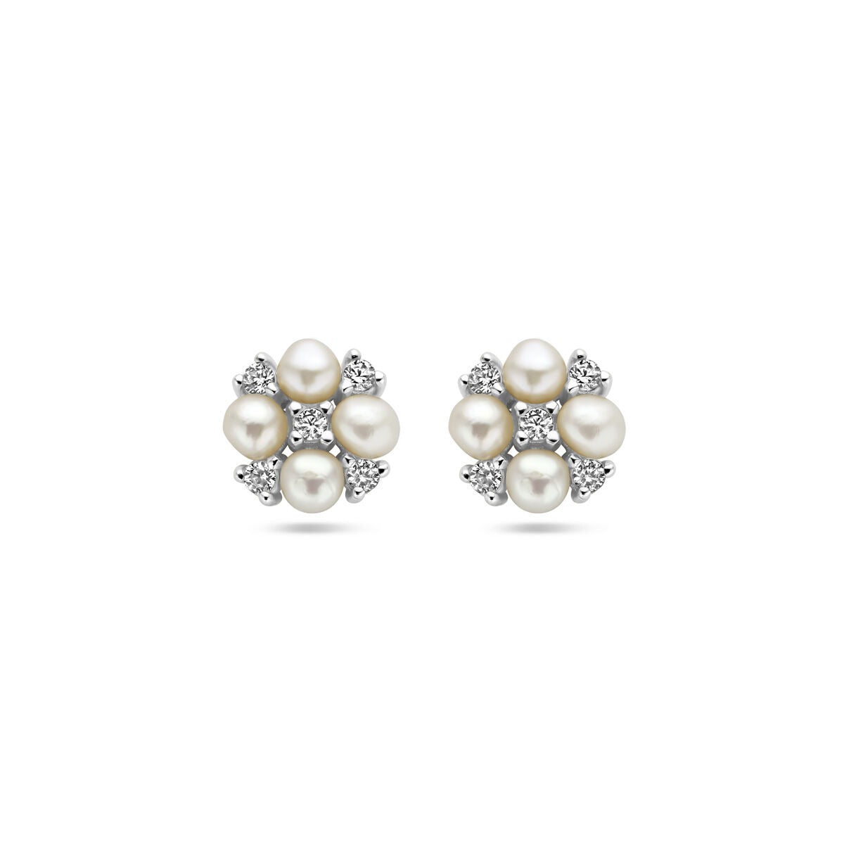 Silberne Damen-Ohrstecker mit Süßwasserperlen und Zirkonia, 7,5 mm, rhodiniert