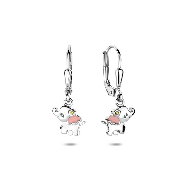 Zilveren kinder oorhangers olifant – gerhodineerd 925 zilver met emaille en zirkonia 23 mm