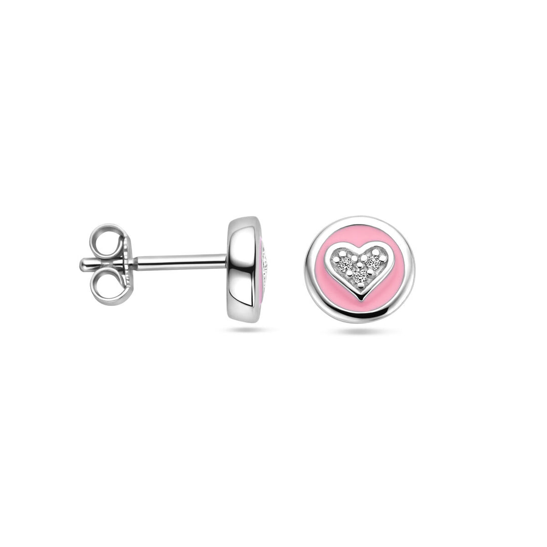 Ohrstecker Herz aus Zirkonia und rosa Emaille, Silber rhodiniert