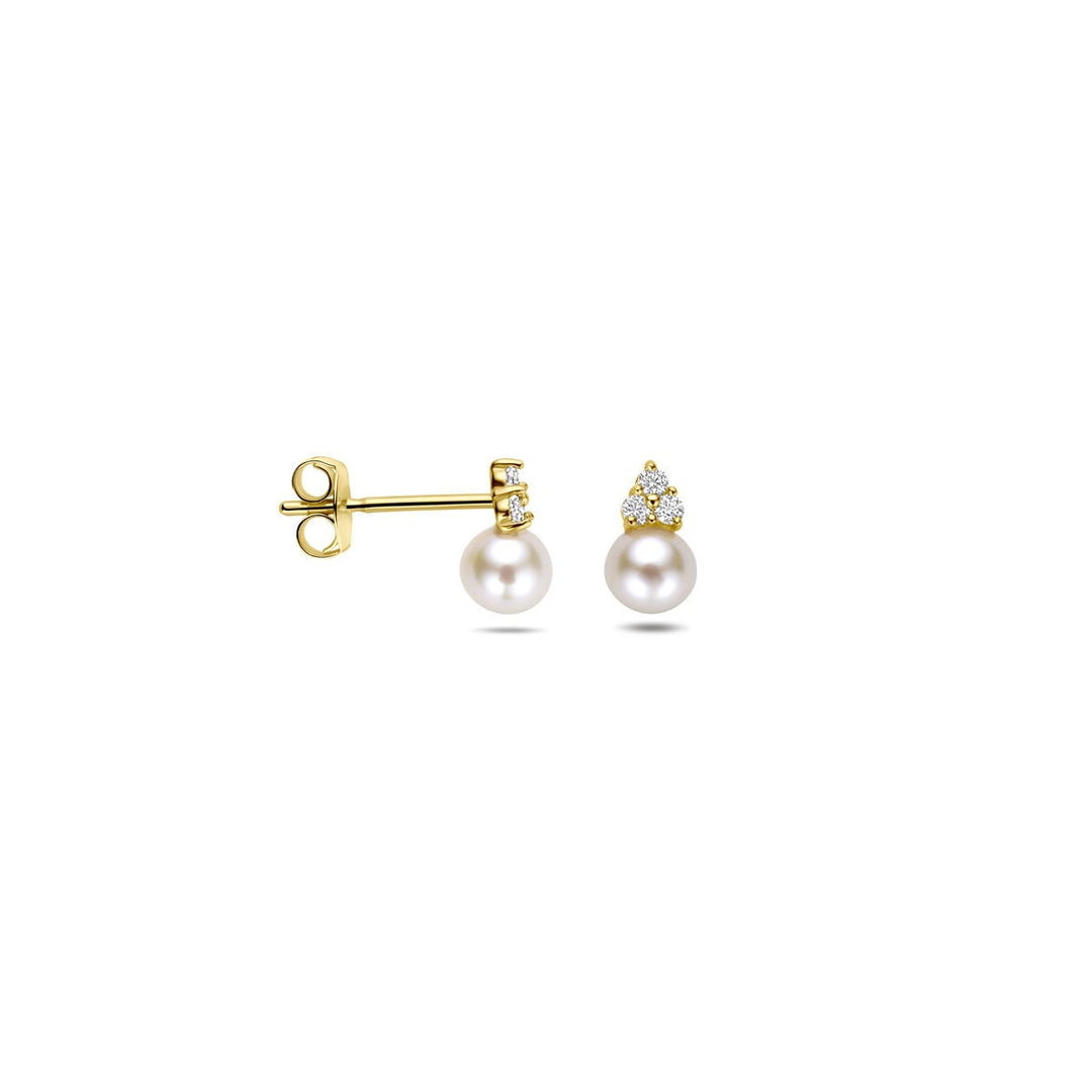 14k Geelgouden dames oorknoppen met parel en zirkonia