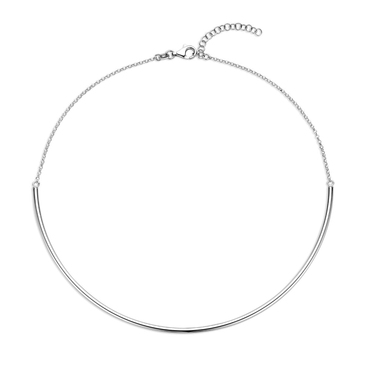 Halskette aus rhodiniertem Silber mit einem 2,5 mm breiten, gebogenen Element und Verlängerung von 5 cm