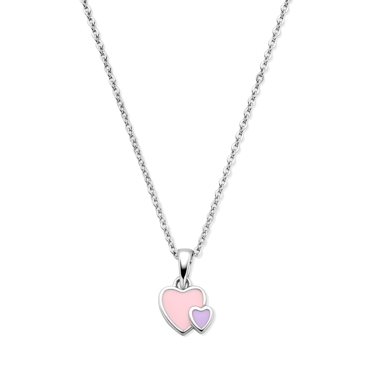 Kette aus rhodiniertem 925 Silber mit zwei Herzen, eines in Rosa und das andere in Lila