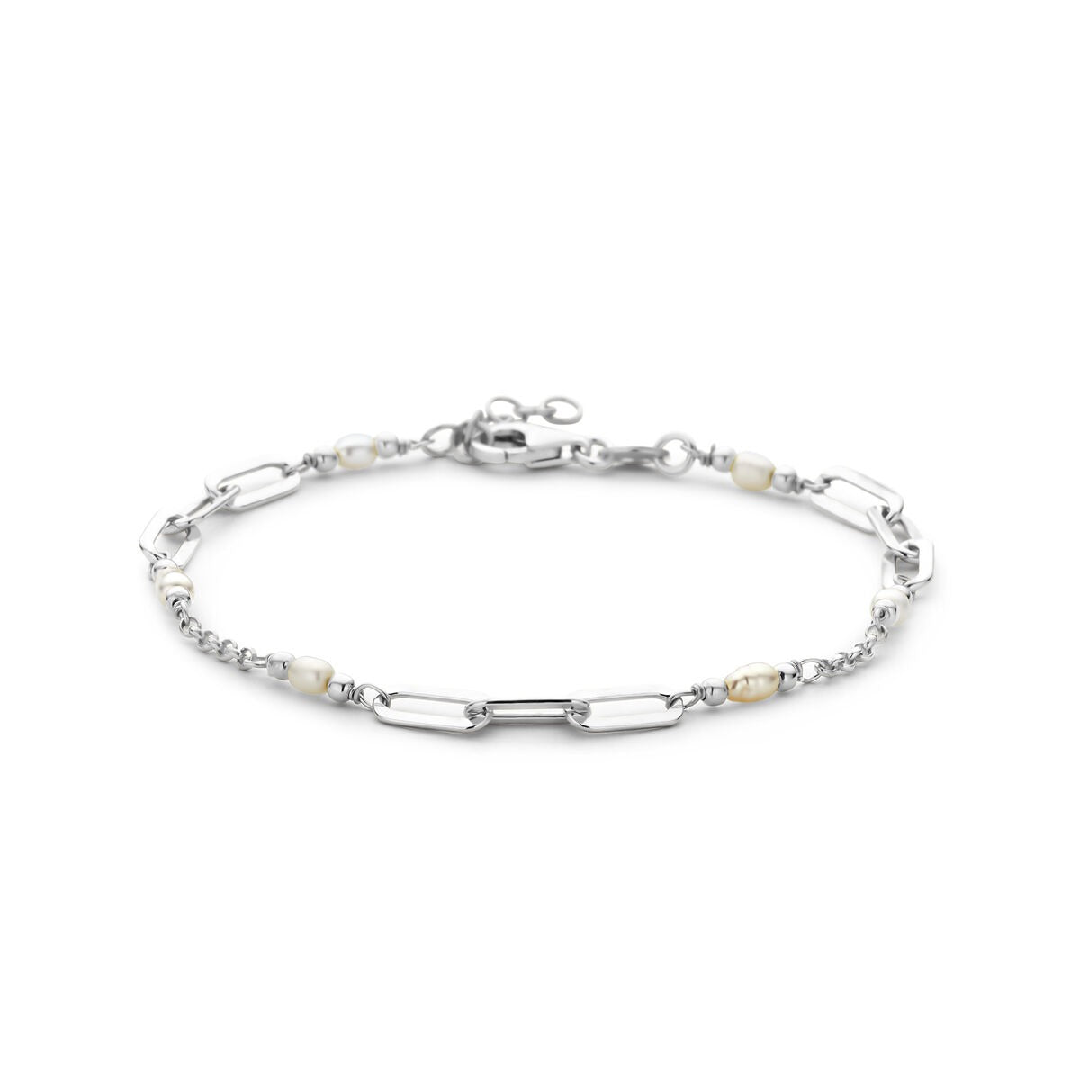 Armband aus rhodiniertem 925 Silber mit Süßwasserperlen und länglichen Gliedern