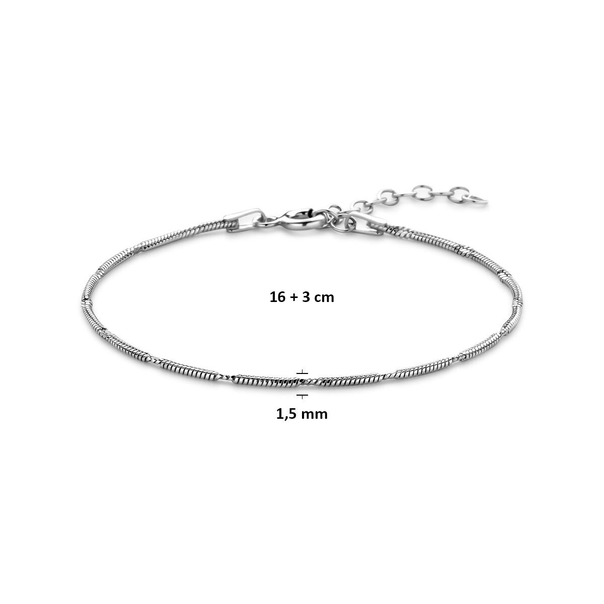 Versilbertes Schlangenarmband rhodiniert 1,5 mm 16 + 3 cm