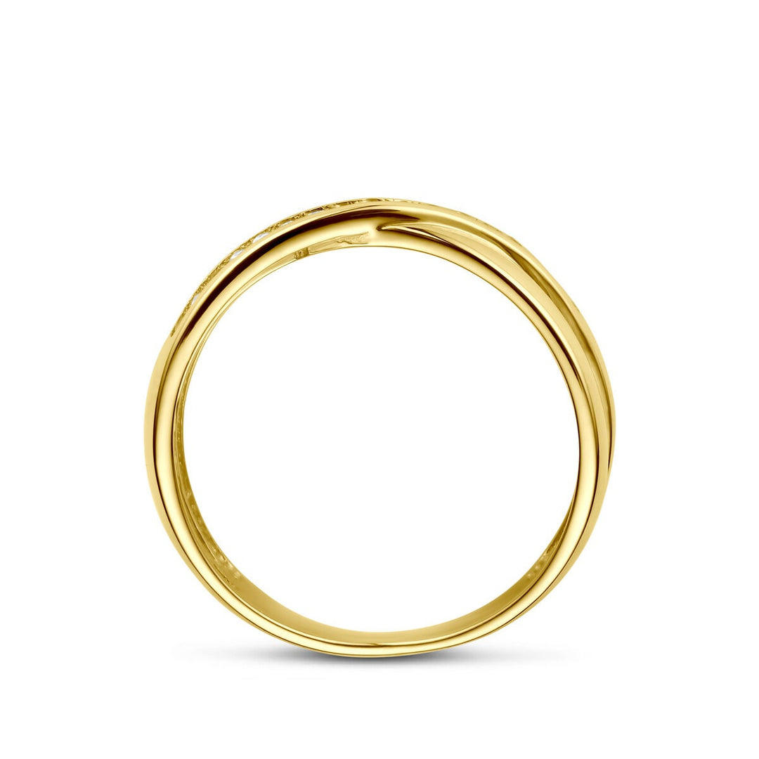 14k geelgouden damesring met zirkonia – briljant geslepen in rijzetting