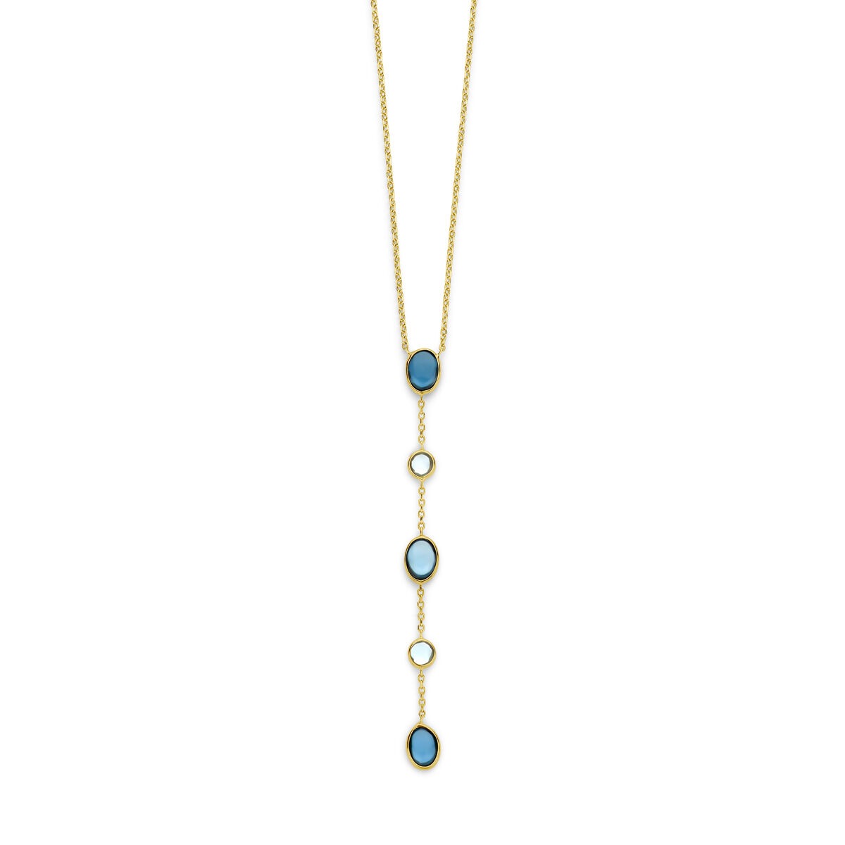 Halskette aus 14k Gold mit London Blue und blauen Topasen, Länge 45-47 cm, mit ovalen und runden Elementen