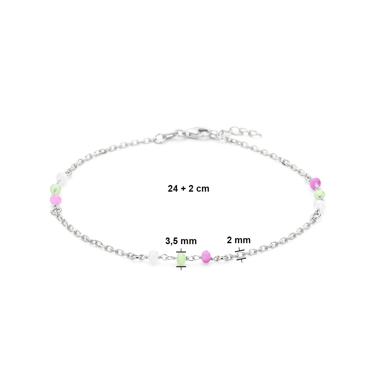 Silbernes Fußkettchen mit Kristallen in Weiß, Grün und Rosa