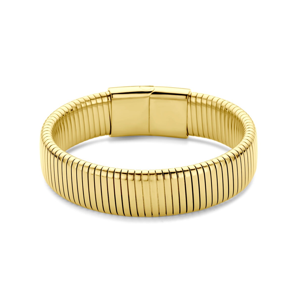 Damenarmband aus Stahl mit gelber Farbe, 15 mm breit und 18,5 cm lang, mit strukturiertem Design