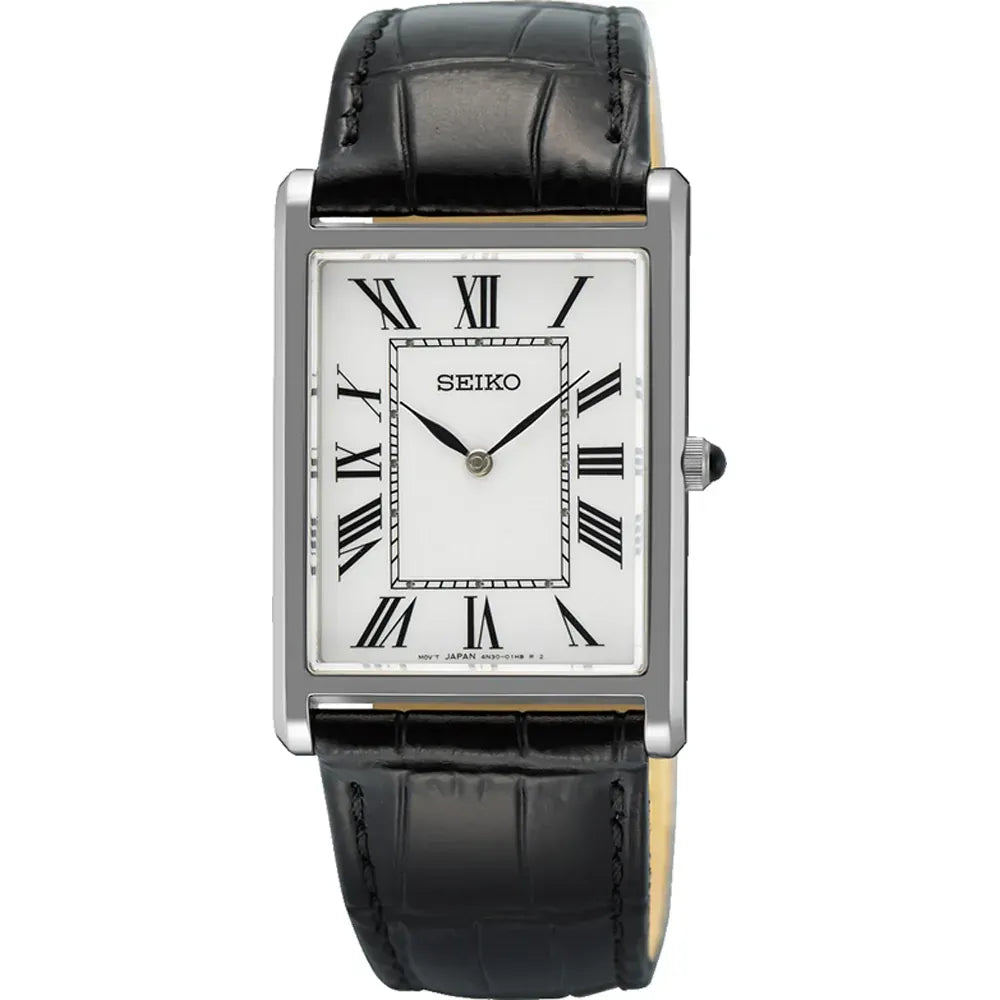 Rechteckige Uhr mit silbernem Gehäuse, weißem Zifferblatt und schwarzem Lederarmband.