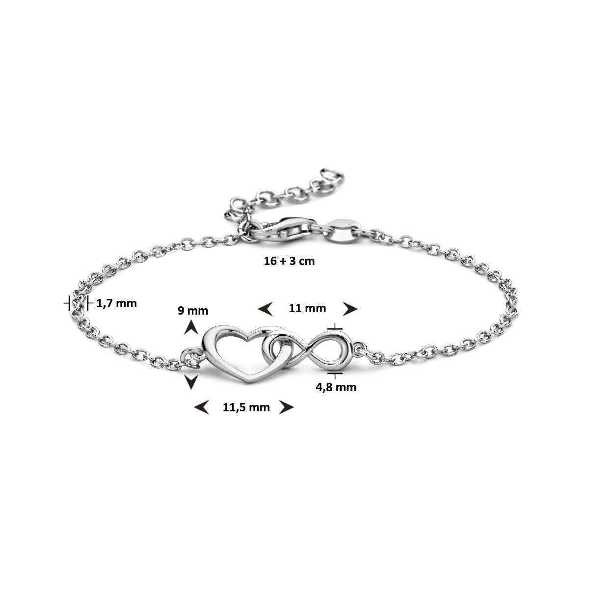 Rhodiniertes 925er Silber Armband Herz und Infinity