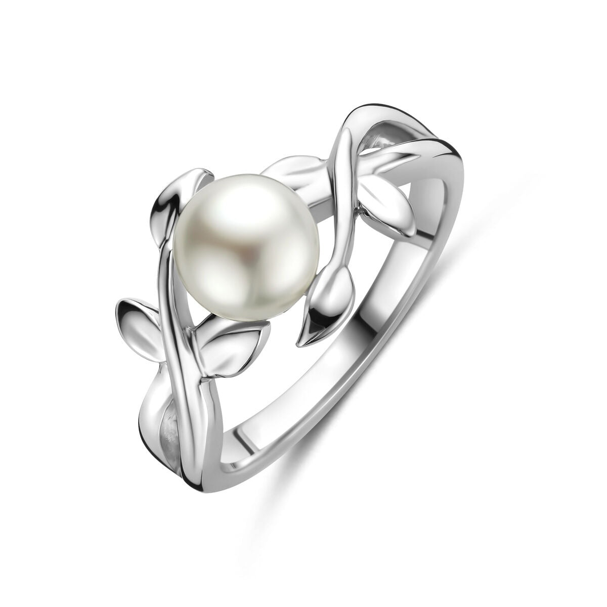 Silberner Ring mit einer Perle und floralem Design, rhodiniert