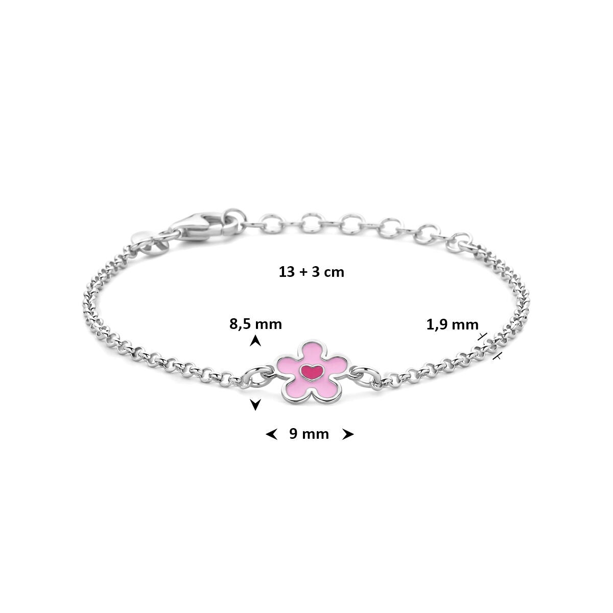 Rhodiniertes 925er Silber-Kinderarmband mit Blume und Herz