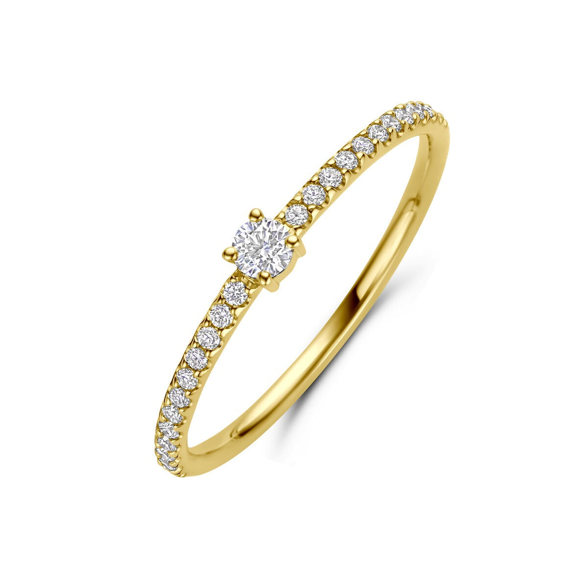 Damenring aus 14k Gelbgold mit einem solitären Diamanten und kleinen Diamanten am Ringband