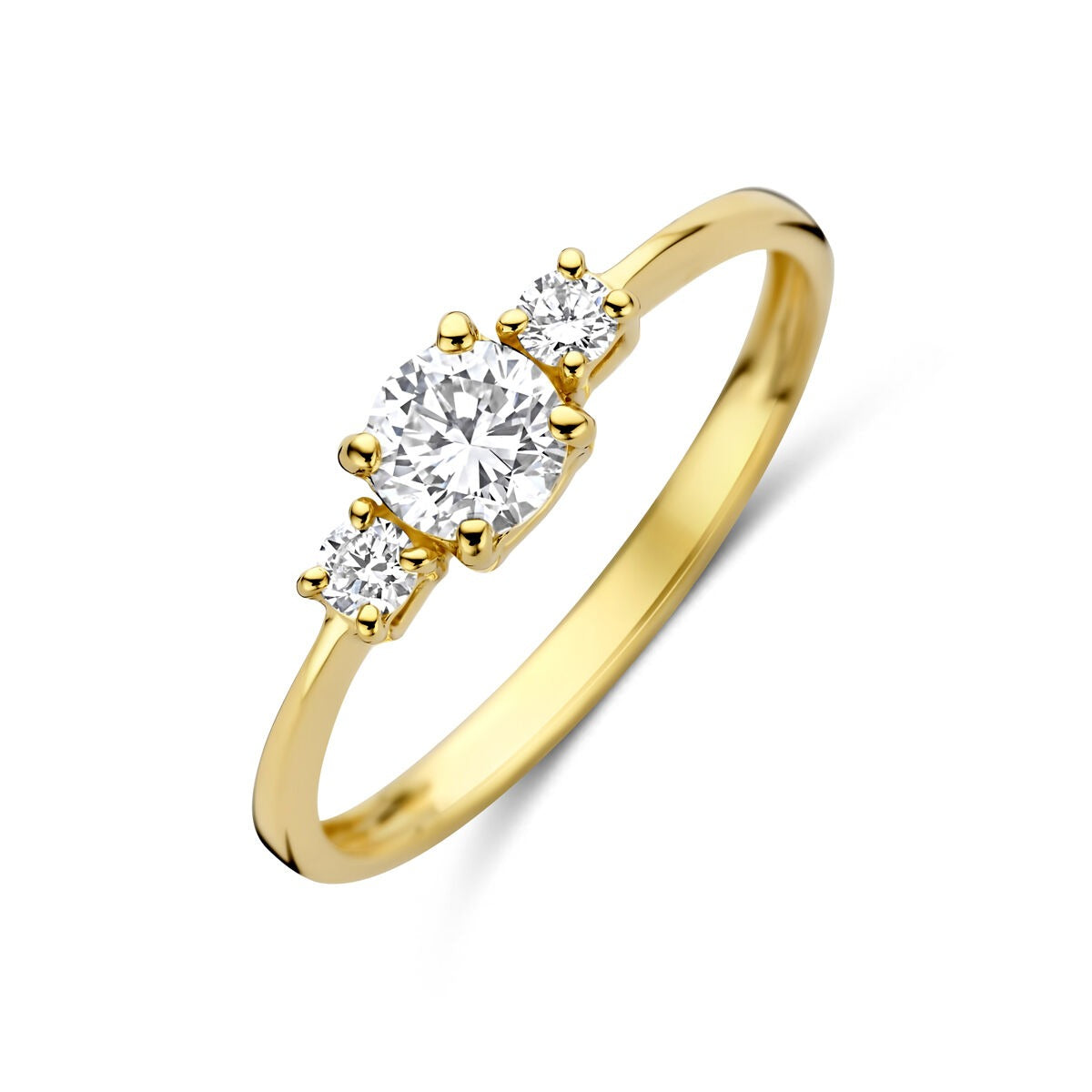 Ring aus 14k Gelbgold mit einem großen und zwei kleinen lab-grown Diamanten