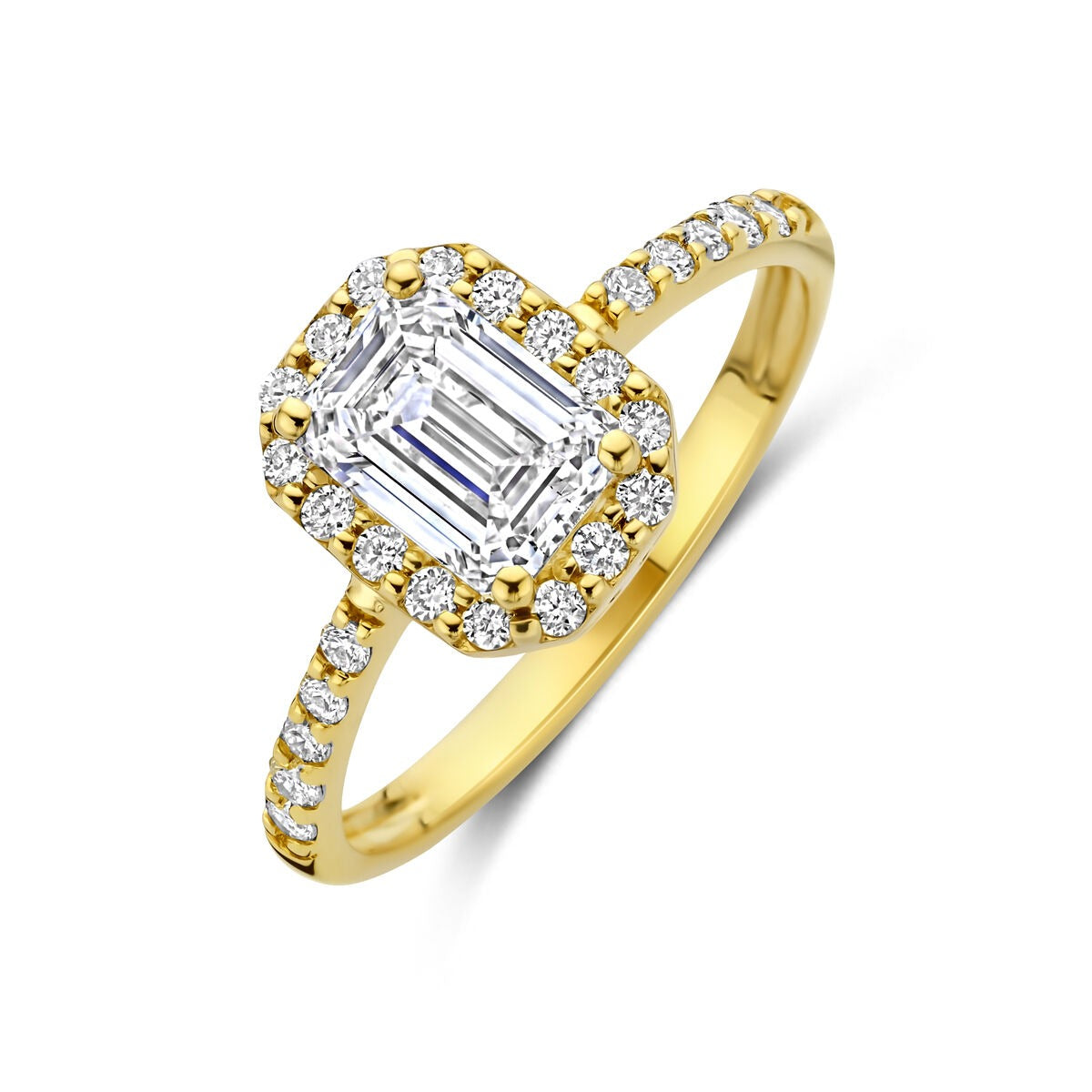 Ring aus 14k Gelbgold mit einem smaragdschliff lab-grown Diamanten und kleinen, runden Diamanten