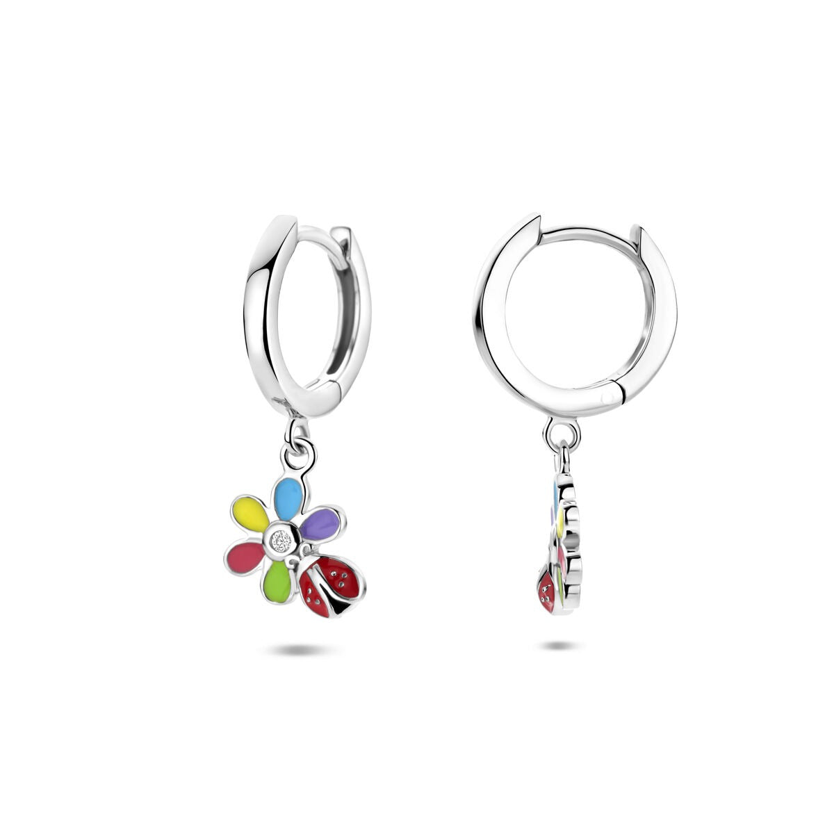 Silberne Kinderohrringe mit Blume, Zirkonia und Marienkäfer – Kinderohrringe