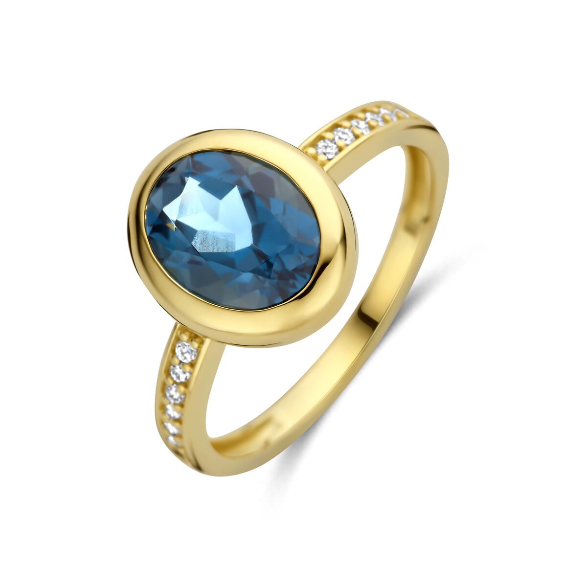 Damenring aus 14k Gelbgold mit ovalem London Blue Topas und kleinen Diamanten am Ringband